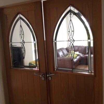 Large double timber doors with Decorative Glass