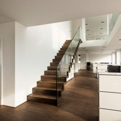 glass balustrades which are custom fitted to timber stairs